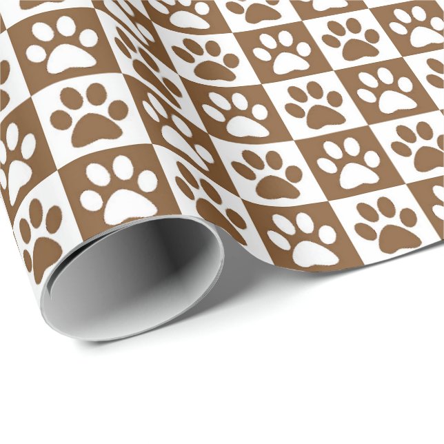 Papier Cadeau Empreintes de pattes de chien brun et blanc (Coin rond)