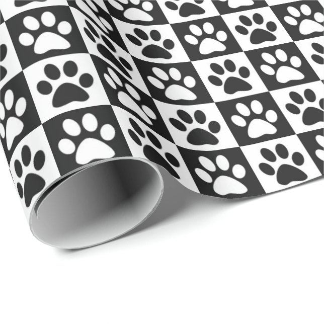 Papier Cadeau Empreintes de pattes de chien noir et blanc (Coin rond)