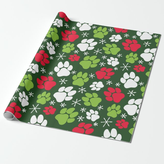 Papier Cadeau Empreintes de pattes de chiens et flocons de neige (Déroulé)