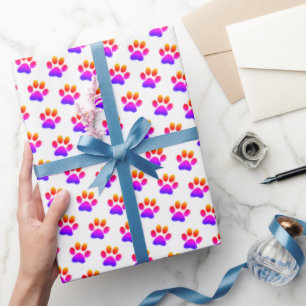 Papier Cadeau Empreintes de pattes de néon sur blanc