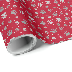 Papier Cadeau Empreintes de pattes de Noël rouge et argent