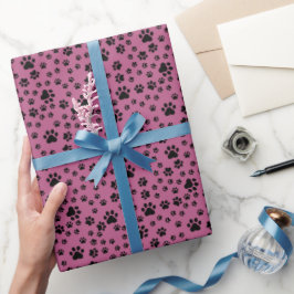 Papier Cadeau Empreintes de pattes noirs en rose