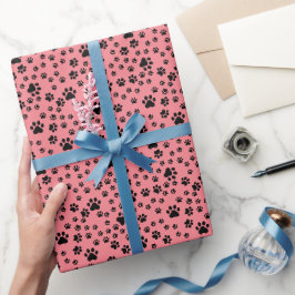 Papier Cadeau Empreintes de pattes noirs en rose fraise