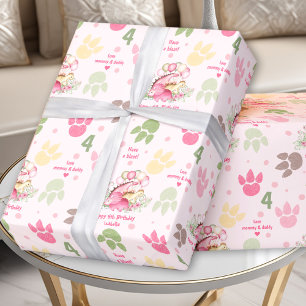 Papier Cadeau Empreintes Dinosaures Fille Rose Nom de l'annivers