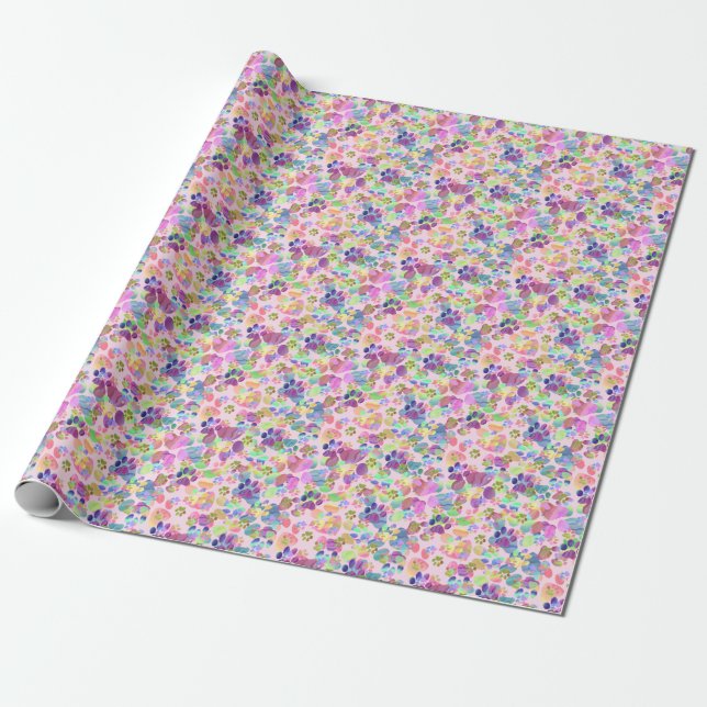 Papier Cadeau Empreintes sur papier d'enveloppement rose (Déroulé)