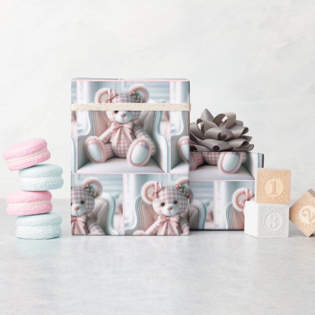 Papier Cadeau en vichy Teddy Bear sur une chaise (Baby Shower)