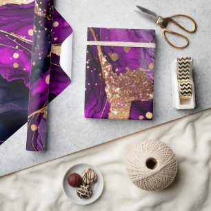 Papier Cadeau Encre alcoolique à paillettes violettes et dorées 