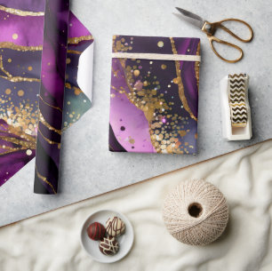 Papier Cadeau Encre alcoolique à paillettes violettes et dorées 