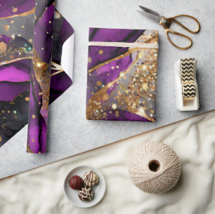 Papier Cadeau Encre alcoolique pailletée violet et or aquarelle