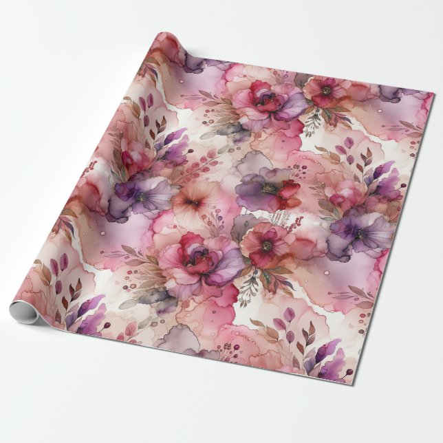 Papier Cadeau Encre d'alcool rose et violet à fleurs Imprimer (Déroulé)