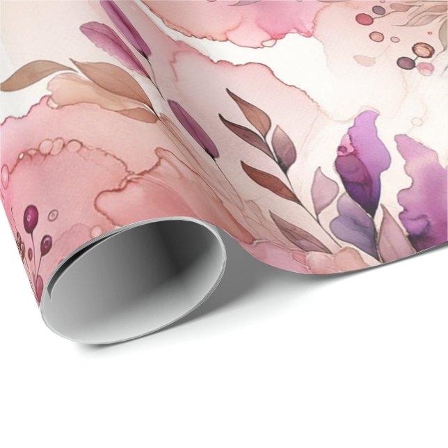 Papier Cadeau Encre d'alcool rose et violet à fleurs Imprimer (Coin rond)