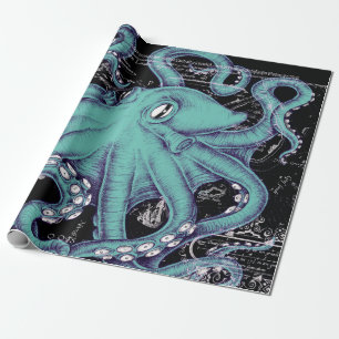 Papier Cadeau Encre de carte vintage Turquoise Octopus