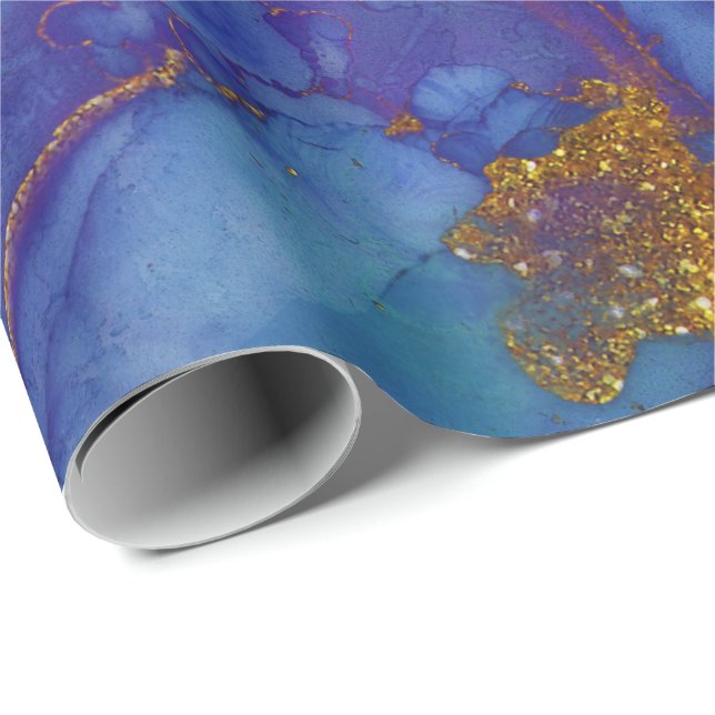 Papier Cadeau Encre Liquide Peinture Bleu Aqua Marine Purple Or (Coin rond)