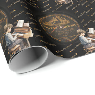 Papier Cadeau Enfant Disque de Musique Vintage Piano Victor