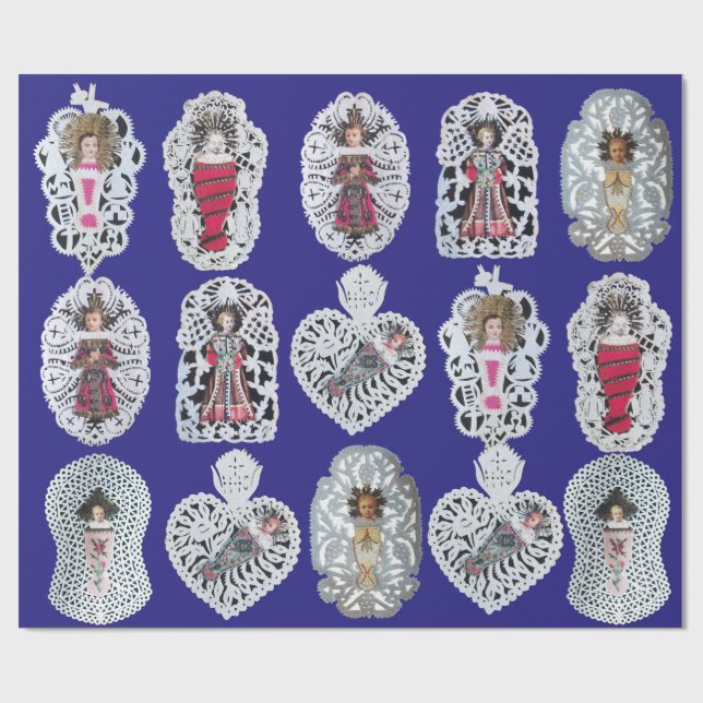 Papier Cadeau Enfant Jésus, Antique Papier de Noël, Bleu (Plat)