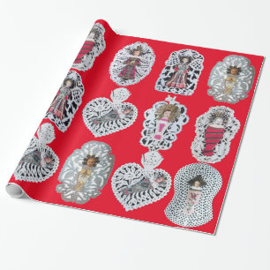 Papier Cadeau Enfant Jésus, Antique Papier de Noël, Rouge