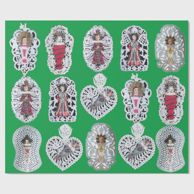 Papier Cadeau Enfant Jésus, Antique Papier de Noël, Vert (Plat)