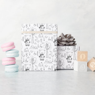 Papier Cadeau Enfant Noël Noir & Blanc Nounours d'hiver