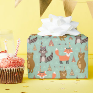 Papier Cadeau Enfants Camping à l'extérieur Raccoon Fox Ours Bro