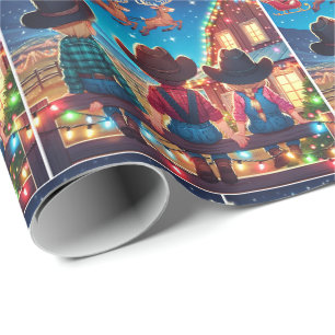 Papier Cadeau Enfants Cowboy Sur La clôture Père Noël Vols Au-De