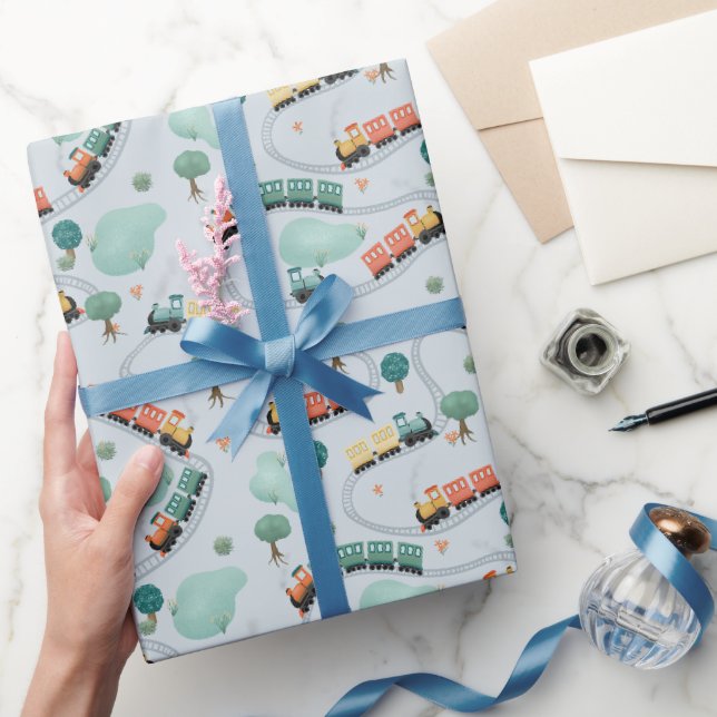 Papier Cadeau Enfants Cute Blue Train Voyage Motifs Garçons Anni (Cadeaux)