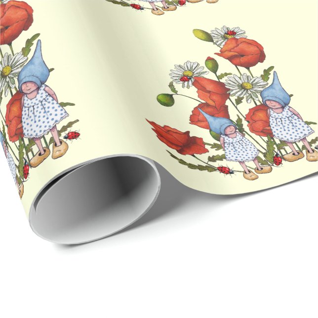 Papier Cadeau Enfants de gnome, pavots, coccinelles, art (Coin rond)