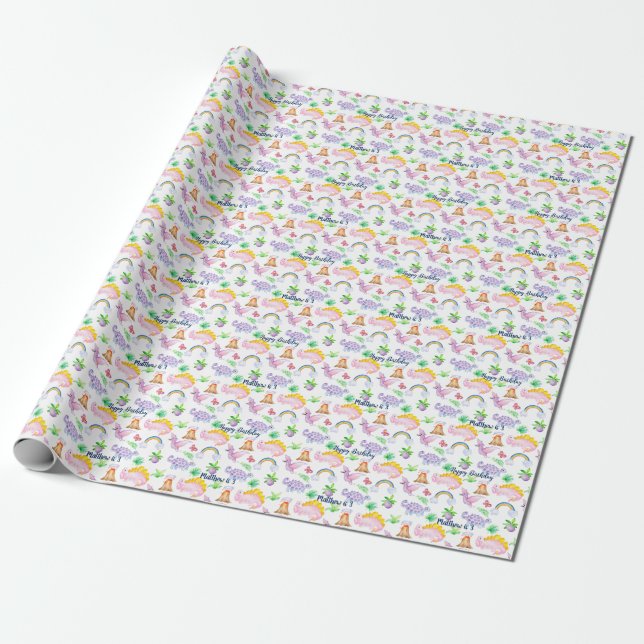 Papier Cadeau Enfants Dinosaure Arc-en-ciel Aquarelle Jungle Ann (Déroulé)