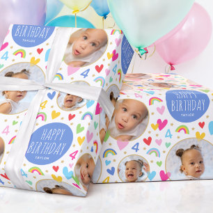 Papier Cadeau Enfants mignons 4e anniversaire Rainbow Photo Coeu