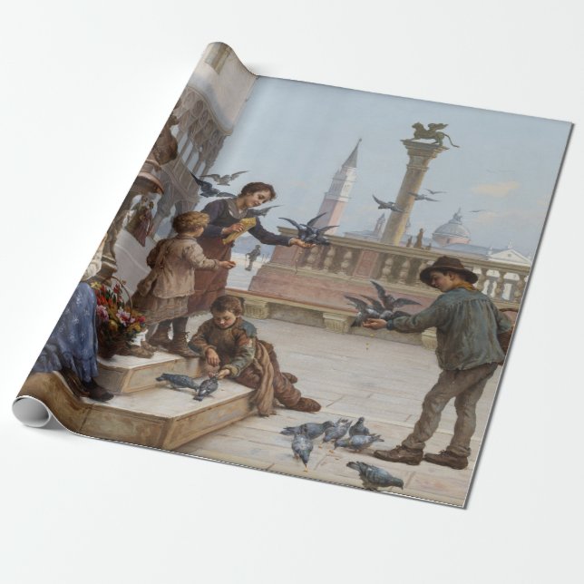 Papier Cadeau Enfants nourrissant des pigeons à Venise (par Paol (Déroulé)