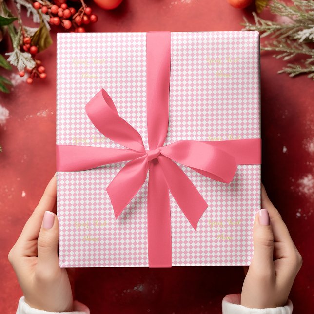Papier Cadeau Enfants personnalisés Baby Girl Rose Blanc Chèques (Custom Kids Baby Girl Pink White Checks Gold Text Wrapping Paper)