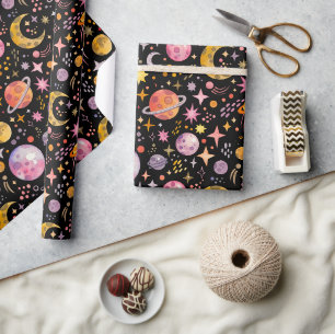 Papier Cadeau Enfants planète lune étoiles couleur noire