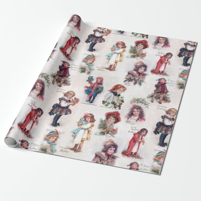 Papier Cadeau Enfants victoriens mignons avec voeux de Noël (Déroulé)