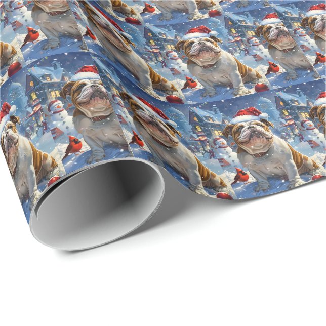 Papier Cadeau English Bulldog Winter Wonderland Christmas Joie (Coin rond)