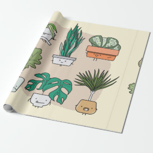 Papier Cadeau Ensemble de plantes de maison mignons dans des pot