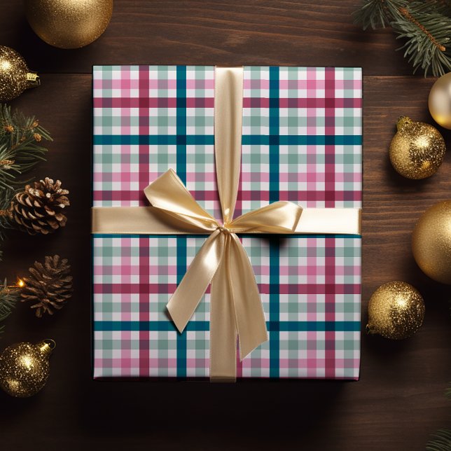 Papier Cadeau Enveloppe cadeau de Noël En vichy moderne (Modern Gingham Christmas wrapping paper in pink magenta and teal blue great for winter holiday gift )