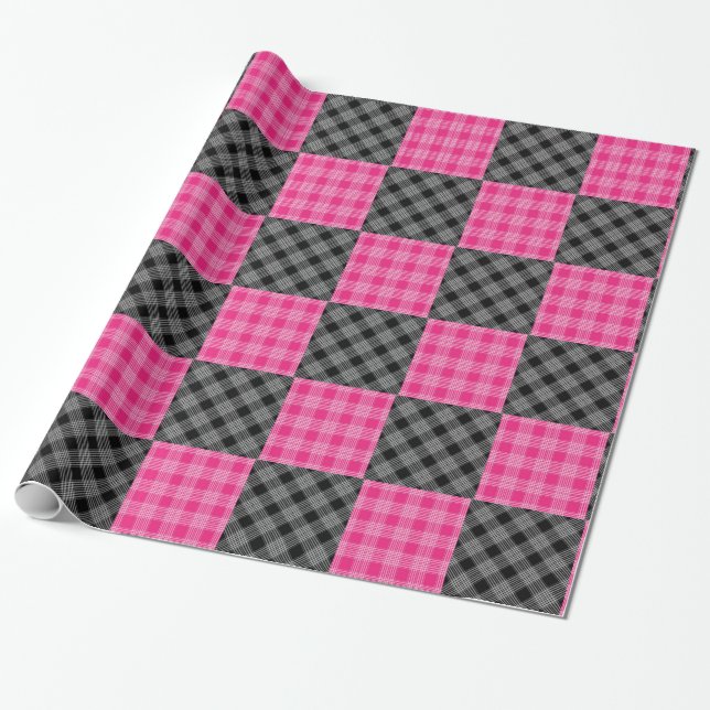 Papier Cadeau Enveloppe cadeau Pink and Black Plaid (Déroulé)