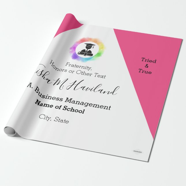 Papier Cadeau Enveloppement cadeau de diplôme Pink et blanc HAMb (Déroulé)