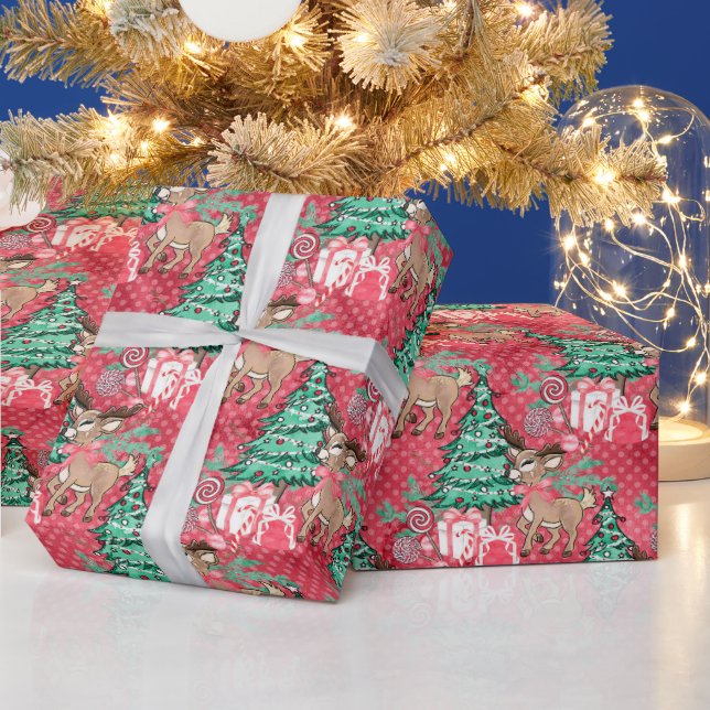 Papier Cadeau Enveloppement de rennes d'aquarelle rose de Noël (Vacances)
