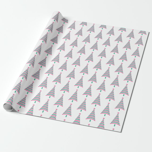 Papier Cadeau Enveloppement moderne des arbres de Noël rose et v (Déroulé)