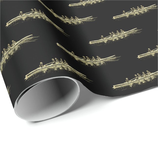 Papier Cadeau Équipe de sports nautiques Gold Black Rowing (Coin rond)