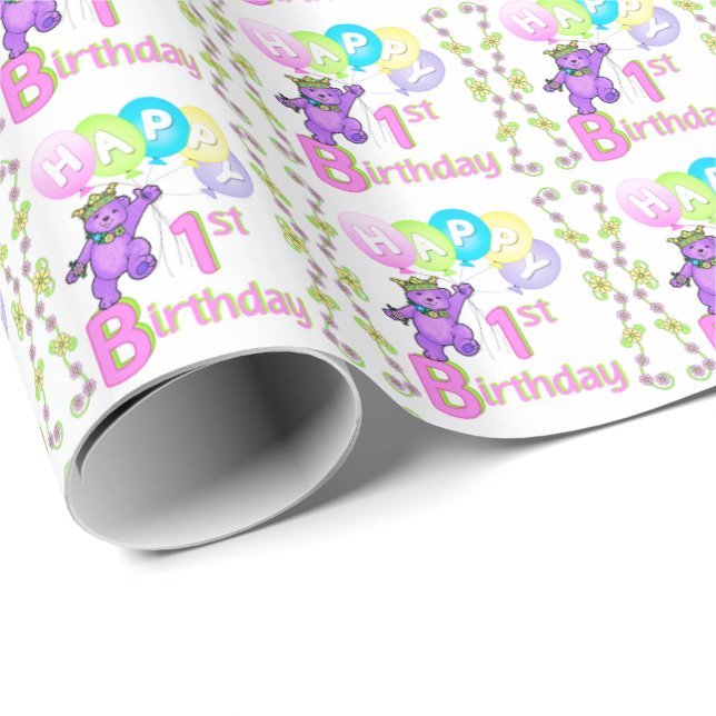 Papier Cadeau ęr Princesse pourpre nounours d'anniversaire (Coin rond)
