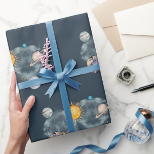 Papier Cadeau Espace Extérieur Anniversaire Galaxie Soleil Lune 