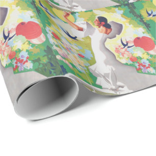 Papier Cadeau Espagne Señorita Oiseaux Fleurs Fête Jardin