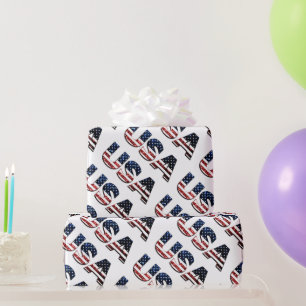 Papier Cadeau Etats-Unis texte bleu et rouge parties scintillant
