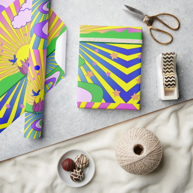 Papier Cadeau Été d'amour Psychédélique Soixante-dix Sunburst   (Artisanat)
