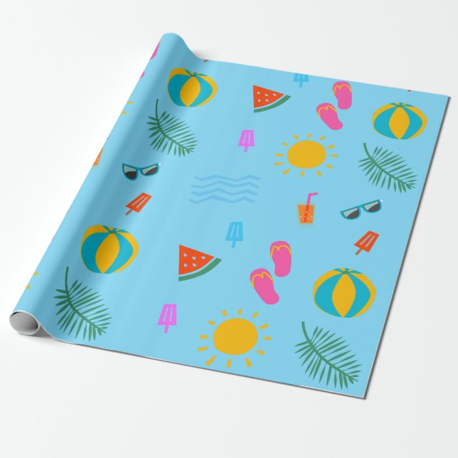 Papier Cadeau Été Plage Motif Anniversaire Papier d'enveloppemen (Déroulé)