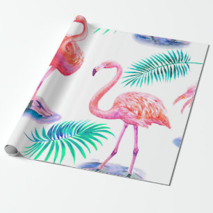 Papier Cadeau Été tropical avec flamants roses feuilles de pal