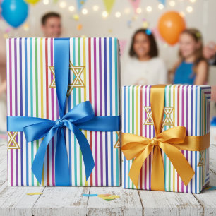 Papier Cadeau Étoile de David colorée arc-en-ciel fines rayures