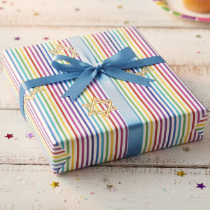 Papier Cadeau Étoile de David colorée arc-en-ciel fines rayures