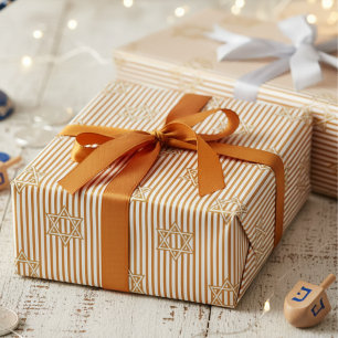Papier Cadeau Étoile de David dorée chaude rayée ambre juive